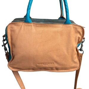 Liebeskind Berlin blue and tan brown satchel crossbody bag triple compartment